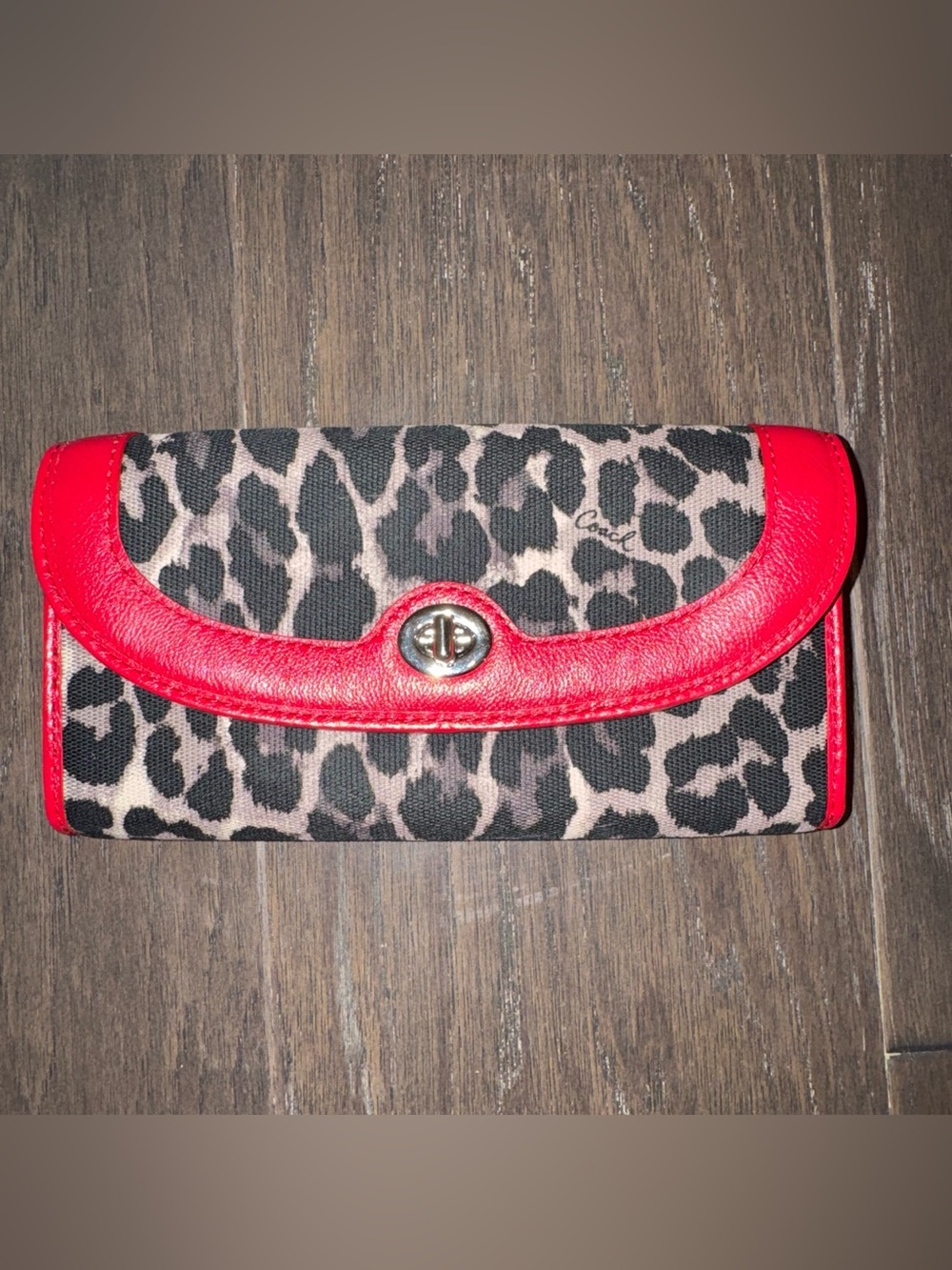 Coach Leopard-Print Wallet with Bright Red Trim